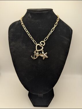 24k Gold Plate Anchor Whale Starfish Charm Necklace With CZ & Paperclip Chain